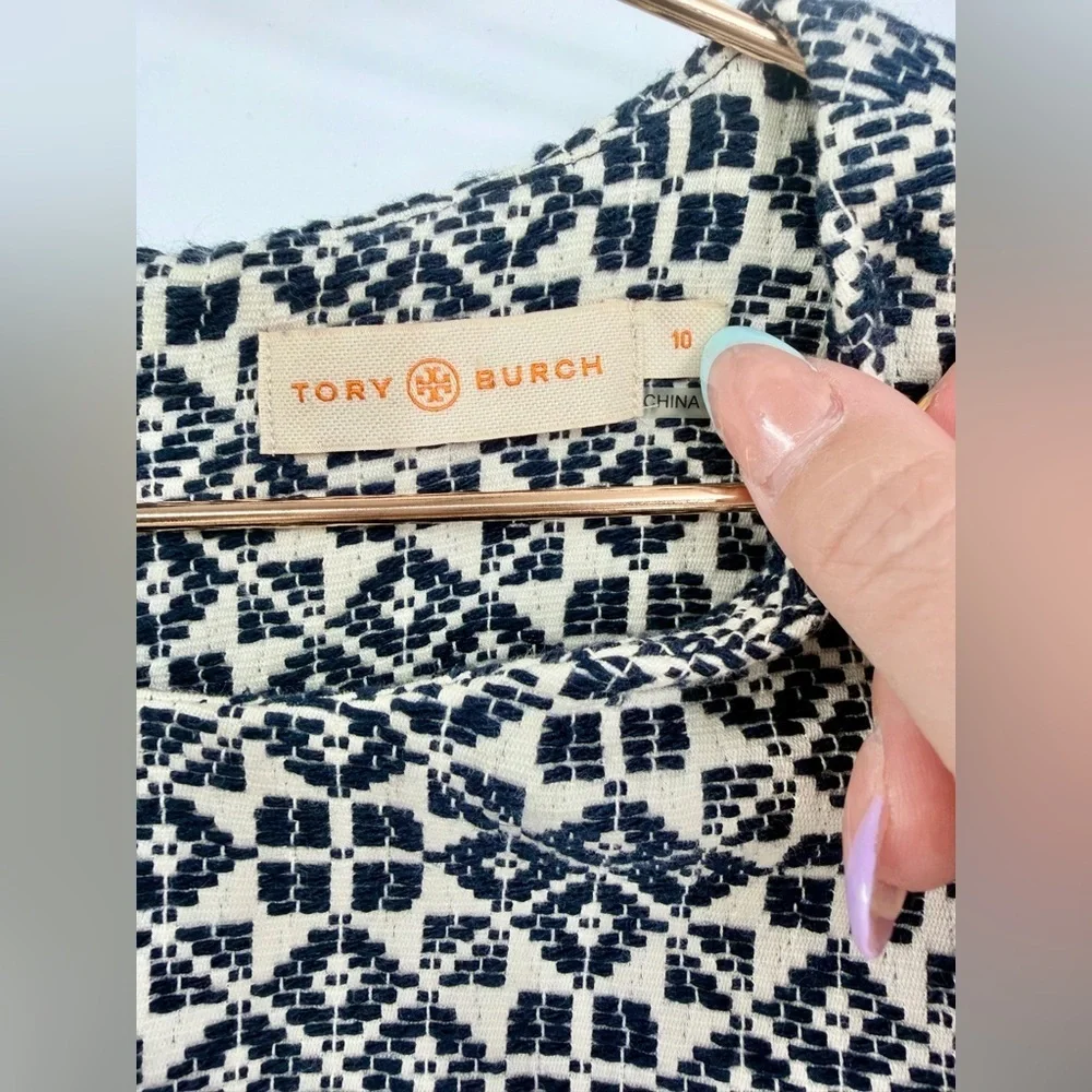 TORY BURCH Stencil Hourglass Dress Navy Ivory Geometric A-Line Size 10